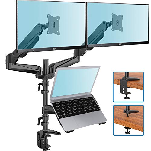 Dual Monitor Stand - Gas Spring Monitor Mount with Laptop Tray Fit Two 13 to 27 Inch Flat Curved Computer Screens and 10 to 17 Inch Notebooks with C Clamp, Grommet Mounting Base
