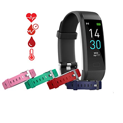 MCNNADI Fitness Tracker [4 Extra Straps] Blood Pressure, Heart Rate, Blood Oxygen, Temperature & Sleep Monitor, Activity Tracker, Customizable face, Remote Camera, Waterproof, Pedometer Watch (Black)