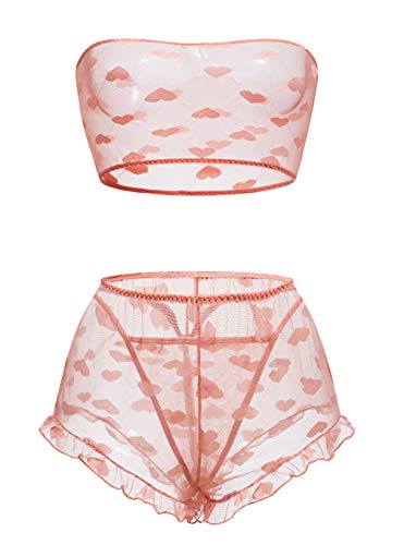 Womens Lingerie Stretchy Lace Teddy Tube Bra and Underwear Set Bodysuit Chemise Sleepwear,Medium(Pink)