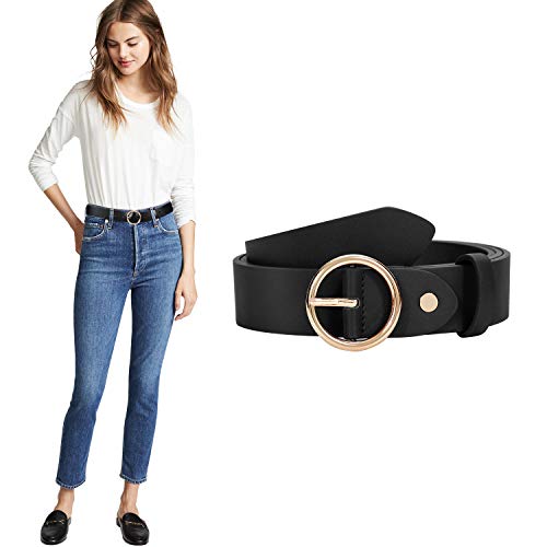 Ladies PU Leather O Ring Belt for Jeans Dress with Golden Round Buckle (Suit for waist size 25-29 Inches, black)