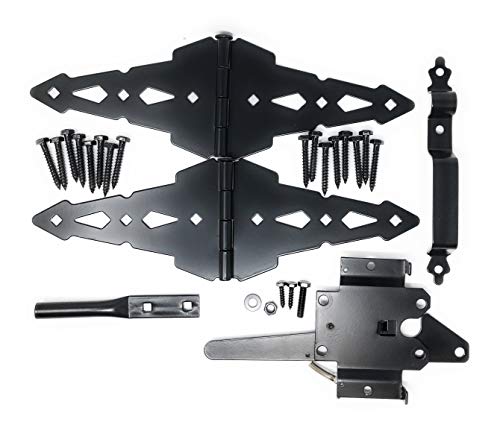 Wood Gate Hardware Set – Heavy Duty Kit for Fence Swing Gate- Outdoor Decorative Black Finish w/ 8” Strap Hinges and Spring Loaded Latch