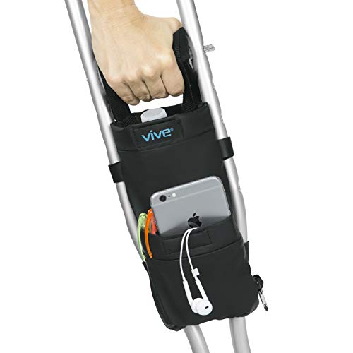 Vive Crutch Pouch - Bag with Foam Hand Grip Pads - Tote for Broken Leg Crutches with Storage Pockets - Ergonomic, Orthopedic, Lightweight Carry On - Medical Forearm Crutch Accessories (Black)