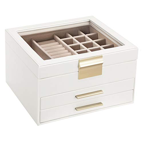 SONGMICS Jewelry Box with Glass Lid, 3-Layer Jewelry Organizer with 2 Drawers, Gift for Loved Ones, White UJBC239WT