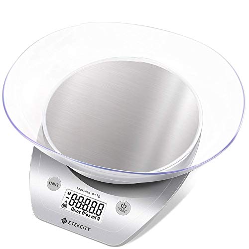 Etekcity Food Scale with Bowl, Digital Kitchen Weight Grams and Ounces for Cooking and Baking, 0.1g Increment, Large Backlit Display, Silver/Stainless Steel