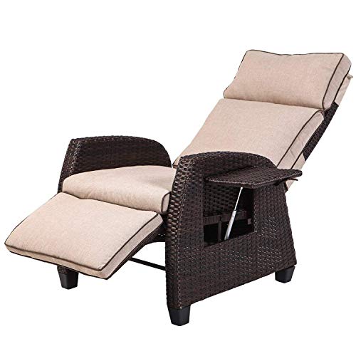 LCH Adjustable Recliner Relaxing Sofa Chair Outdoor Wicker Furniture Aluminum Frame Lounge with Beige Soft Thicken Cushions | Porch, Backyard, Pool or Garden