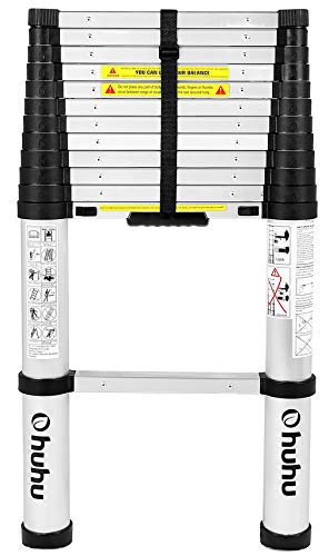 Ohuhu 12.5 FT Aluminum Telescoping Ladder, One-Button Retraction Extension Ladder, Collapsible Ladder with Spring Loaded Locking Mechanism for Roof, 330 Pound Capacity