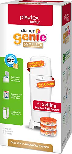 Playtex Diaper Genie Complete Diaper Pail, with Built-in Odor Controlling Antimicrobial, Includes 1 Pail and 3 Max Fresh Refills, White, White Pail (10078300115981)