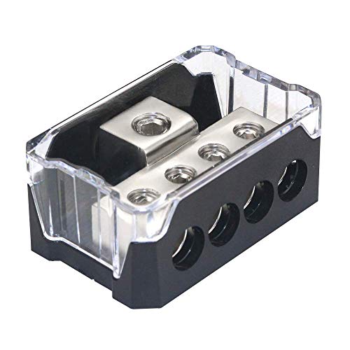 RKURCK 4 Way Power Distribution Block, 0/2/4 AWG Gauge in, 4/8/10 Gauge Out, Car Audio Stereo Amp Distribution Connecting Block for Audio Splitter (1 in 4 Out)