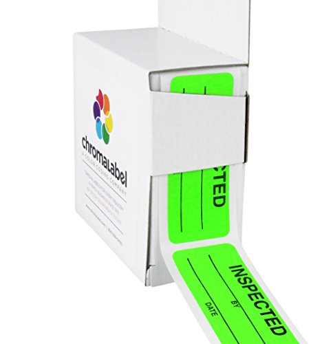 ChromaLabel 1 x 2-1/4 Inch Quality Control Inventory Labels, 200 Labels per Dispenser Box, Fluorescent Green, Imprinted: Inspected by