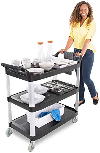 Tubstr Large Service Cart with Three Shelves | Dual Handles & Rolling Casters | Supports up to 300 lbs. | Utility Cart for Restaurants, Warehouses, Healthcare, Schools & More! (Black / 40.25 x 19.75)