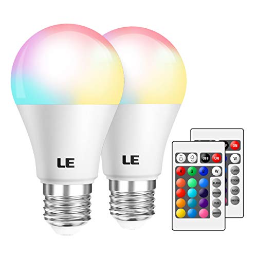 LE RGB Color Changing Light Bulbs with Remote, Dimmable LED Light Bulb, E26 Screw Base, 40 Watt Equivalent Soft Warm White, 16 Color Choices for Home Decor, Bedroom, Stage, Party and More, Pack of 2