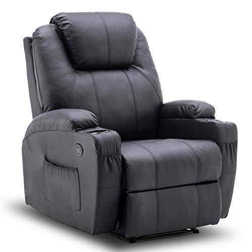 Mcombo Electric Power Recliner Chair with Massage and Heat, 2 Positions, USB Charge Ports, 2 Side Pockets and Cup Holders, Faux Leather 7050 (Black)