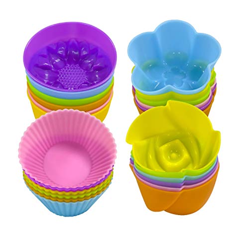 Silicone Cupcake Liner, PHIAKLE Mini Silicone Baking Cups Reusable Pastry Muffin Molds 4 Shapes,24 Pieces Colorful