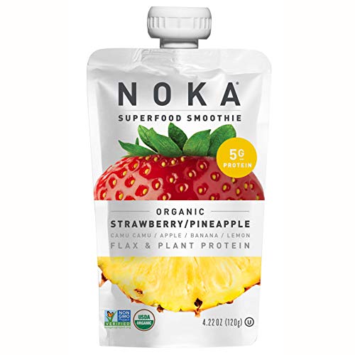 NOKA Superfood Pouches | 100% Organic Fruit And Veggie Smoothie Squeeze Packs | Non GMO, Gluten Free, Vegan, 5g Plant Protein (Strawberry / Pineapple, Pack of 6)