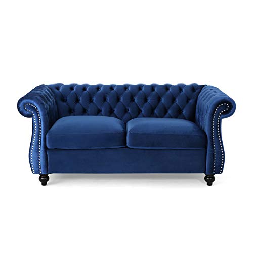 Christopher Knight Home Karen Traditional Chesterfield Loveseat Sofa, Navy Blue and Dark Brown, 61.75 x 33.75 x 27.75