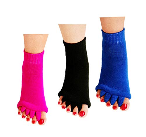 ReachTop Toe Separator Socks, 3 Pairs Foot Alignment Socks Yoga Gym Massage Toeless Socks Pain Relief Improves Circulation Stretchy Happy Feet Socks for Women Men (Black & Hot Pink & Blue)