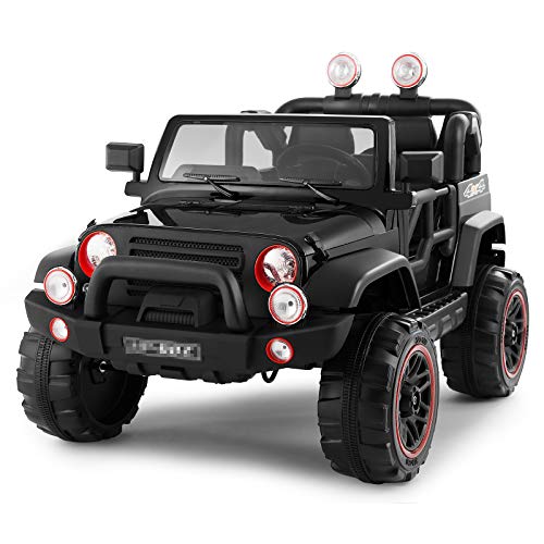 Fitnessclub Electric Cars for Kids, 12V Powered Kids Ride On Car with 2.4 GHZ Bluetooth Remote Control, LED Lights, MP3 Player, 3 Speeds, Waterproof Cover (Black)
