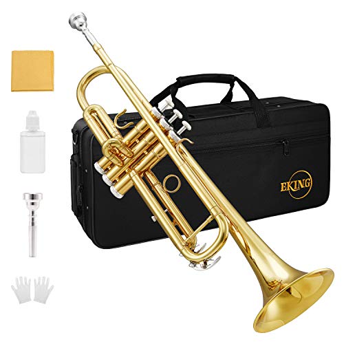Eking Standard Student Trumpet Brass Gold Bb Trumpet Beginner with Hard Case Gloves Cloth 7C Mouthpiece and Valve Oil, KTR-400
