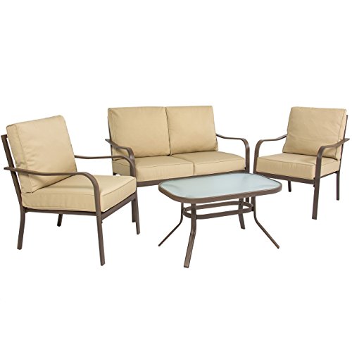 Best Choice Products 4-Piece Cushioned Metal Conversation Set w/ 2 Chairs and Glass Top Coffee Table - Beige