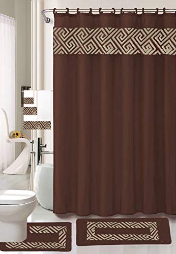 Luxury Home Collection 18 Piece Embroidery Non-Slip Bathroom Rug Set Set Includes Bath Rug Mat, Contour Mat, Shower Curtain, Towels, and Hooks (Chocolate)