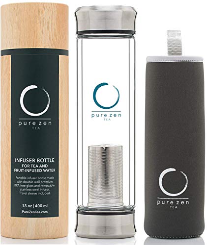 Pure Zen Tea Tumbler with Infuser - BPA Free Double Wall Glass Travel Tea Mug with Stainless Steel Filter - Leakproof Tea Bottle with Strainer for Loose Leaf Tea and Fruit Water 13 Ounce