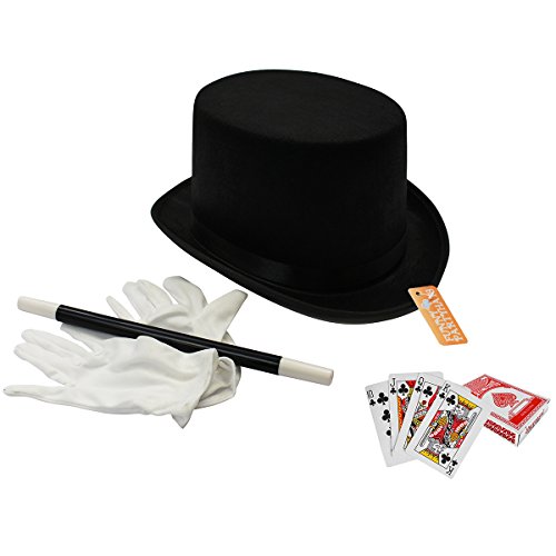 Funny Party Hats Magician Costume - 4 Pc Set, Magician Hat, Wand , Gloves & Bonus Cards - Magician Kit for Older Children