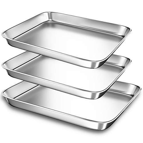 Small Baking Sheet Pans for Toaster Oven, Stainless Steel Cookie Sheets Metal Bakeware Pan, Sturdy & Heavy Rectangle Tray by Eaninno, 10.4 & 9.2 inch, 3 Piece/Set