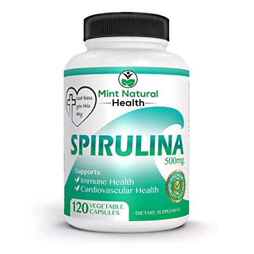 Spirulina Superfood, High in Protein, Iron and B Vitamins - 120 x 500mg Vegan, Non-GMO, Powder Veggie Capsules - Supports Body Detox, Immune System, Brain, Lung and Cardiovascular Health