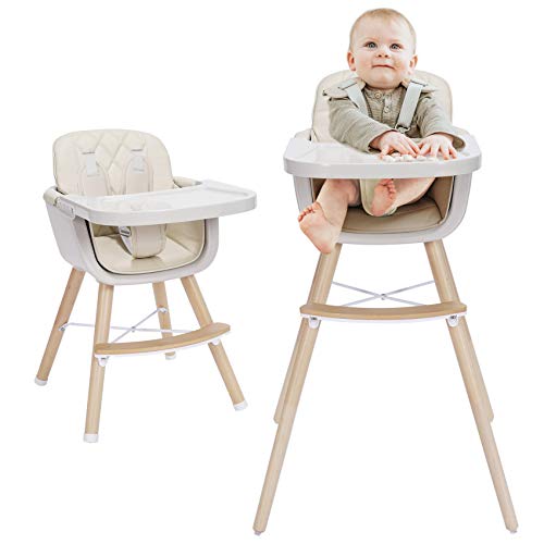 Mallify 3-in-1 Baby High Chair with Adjustable Legs, Tray -Cream Color Dishwasher Safe, Wooden High Chair Made of BPA-Free Plastic, Sleek Hardwood & Premium Leatherette, Ideal for Small Apartment