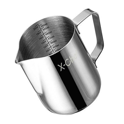 X-Chef Frothing Pitcher, Milk Froth Pitcher Stainless Steel, Espresso Steaming Pitcher 20 oz (600 ml)