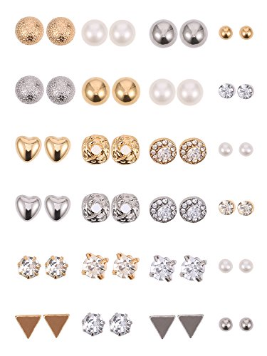 BBTO 24 Pairs Stud Earrings Crystal Pearl Earring Set Ear Stud Jewelry for Girls Women Men, Silver and Gold (Sliver & Gold)