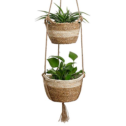 Seagrass Hanging Planters Basket Indoor - Hanging Two Layers Natural Seagrass Basket Flower Pot Holder Containers Storage Organizer with Waterproof Plastic Liner, 41.3 Inch Long(Brown&Beige)