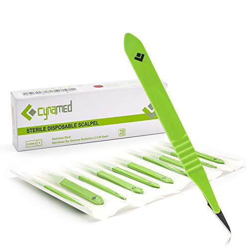 Cynamed # 11 Disposable Scalpel with Plastic Handle - Sterile Single Blade Razor for Dermaplaning, Dissection, Podiatry, Professional Grooming, Acne Removal - Surgical Stainless Steel Tool - Box of 10