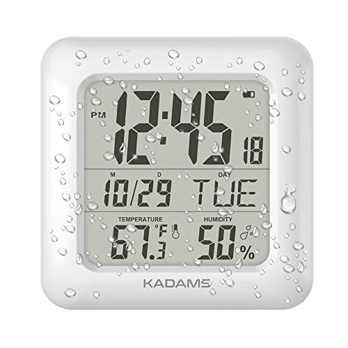 KADAMS Digital Bathroom Shower Wall Clock, Waterproof for Water Spray, Temperature Humidity Moisture Proof, Large Display Calendar Month Date Day, Suction Cup Stand Hanging Hole Rope Clock WHITE FRAME