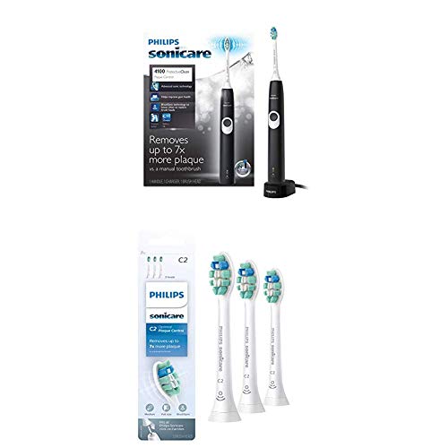 Philips Sonicare ProtectiveClean 4100 Electric Rechargeable Toothbrush with Genuine Philips Sonicare Optimal Plaque Control replacement toothbrush heads, Black 3-pk