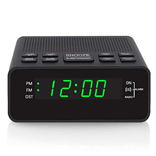 Alarm Clock Radio, Digital Alarm Clock, Clock Radios with AM/FM, Sleep Timer, Dimmer, Snooze, 0.6” Digital LED Display and Battery Backup Function for Bedroom, Office, Table and Desk (Green Digit)