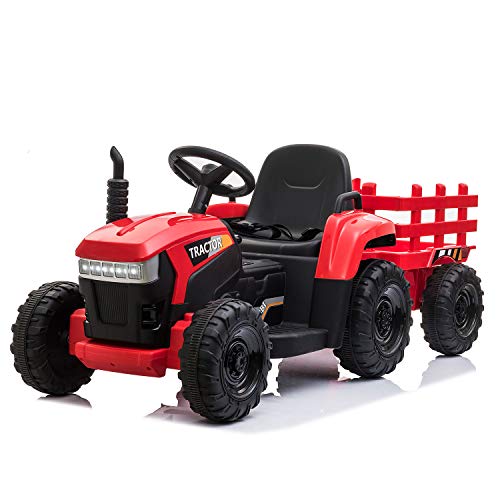 TOBBI 12v Battery-Powered Toy Tractor with Trailer,3-Gear-Shift Ground Loader Ride On with LED Lights and USB&Bluetooth Audio Functions in Red