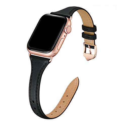 WFEAGL Leather Bands Compatible with Apple Watch 38mm 40mm 42mm 44mm, Top Grain Leather Band Slim & Thin Replacement Wristband for iWatch SE & Series 6/5/4/3/2/1 (Black/RoseGold, 38mm 40mm )
