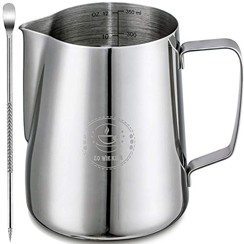 Stainless Steel Milk Frothing Pitcher 12oz/ 350ml Steaming Pitchers with Decorating Art Pen, Milk Coffee Cappuccino Latte Art Barista Steam Pitchers Milk Jug Cup for Espresso Machines Latte Art