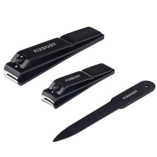 FIXBODY Nail Clipper Set – Black Stainless Steel Fingernails & Toenails Clippers & Nail File Sharp Nail Cutter with Leather Case, Set of 3 (Straight & Curved)