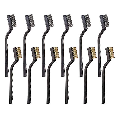 12PCS Mini Wire Brushes, Stainless Steel & Brass Brush Set, Curved Handle Scratch Brush for Automotive, Cleaning Welding Slag and Rust