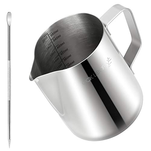 Oak Leaf Milk Frother Pitcher 20oz/600ml , Commercial Grade 18/8 Stainless Steel Milk Frothing Pitcher Expresso Pitcher with Latte Art Pen for Coffee Espresso Cappuccino & Latte