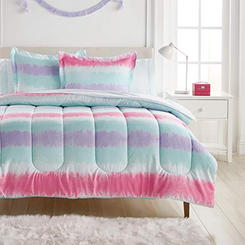 dream FACTORY Tie Dye Stripe 5-Piece Microfiber Bag Comforter Bedding Set Super Soft-Twin, Purple Multi