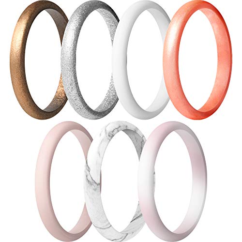 ThunderFit Women's Thin and Stackable Silicone Rings Wedding Bands - 7 Pack (Bronze, White, Rose Gold, Silver, Light Pink, Marble, Light Rose Gold, 6.5-7 (17.3mm))
