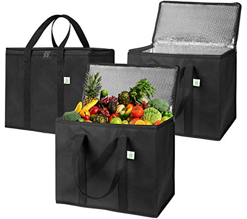 3 Pack Insulated Reusable Grocery Bag by VENO, Durable, Heavy Duty, Large Size, Stands Upright, Collapsible, Sturdy Zipper, Made by Recycled Material, Eco-Friendly (BLACK, 3)