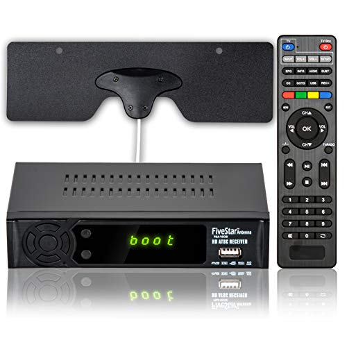 Five Star ATSC HD Digital TV Converter Box w/ 1080p HDMI Output, 40 Miles Over The Air(OTA) Flat Antenna & Amplifier, Daily/Weekly Scheduled PVR Recorder w. TV Control Learning Buttons