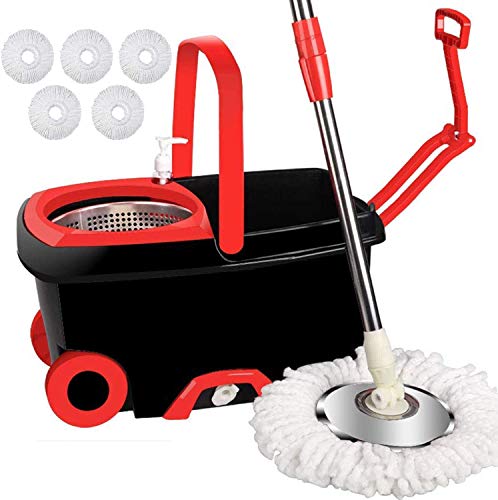 Jar-Owl Spin Mop Bucket Floor Cleaning System with 5 Microfiber Replacement Mop Head Refills, 360 Spinning Mop Bucket with Wringer on Wheels, 61’’ Handle, Mop with Bucket for Home Commercial Cleaning