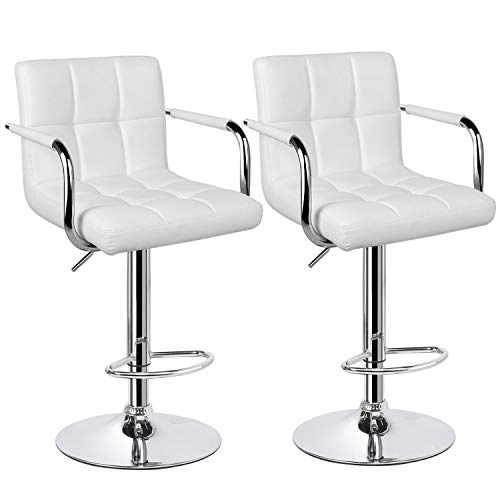 YAHEETECH Tall Bar Stools Set of 2 Modern Square PU Leather Adjustable BarStools Counter Height Stools with Arms and Back Bar Chairs 360° Swivel Stool White