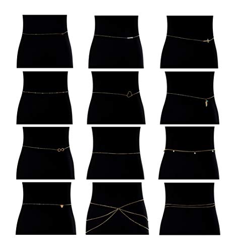 Masedy 12Pcs Sexy Waist Belt Belly Chains for Women Girls Bikini Body Chain Beach Jewelry Set A-Gold Tone