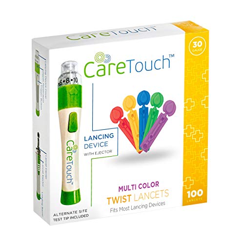 Care Touch Adjustable Lancing Device with 100 Multi Colored Twist Top Lancets | 100 30-Gauge Lancets and Lancing Device | 10 Depths